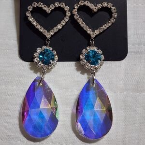 Paparazzi Silver Heart Earrings with Blue and Iridescent Accents